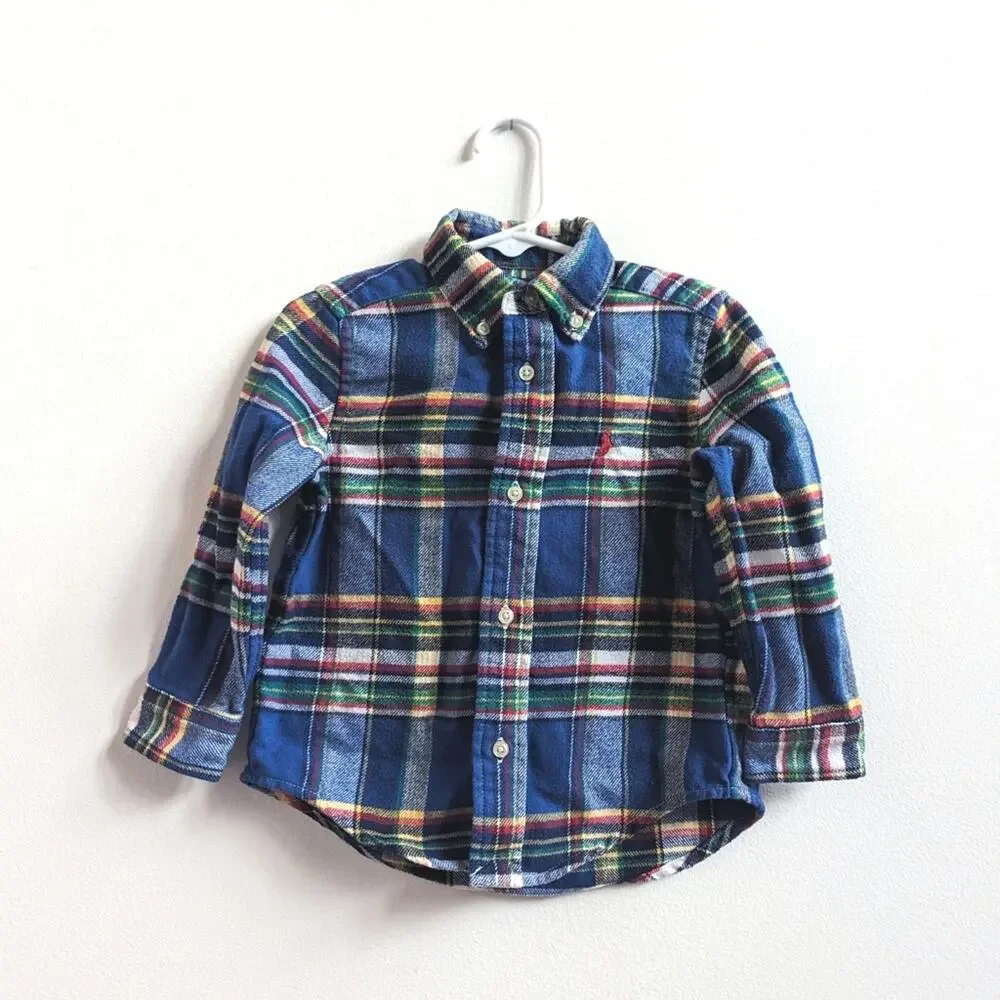 Polo Ralph Lauren 2T Button Down Shirt Blue Plaid Long Sleeve Preppy Classic